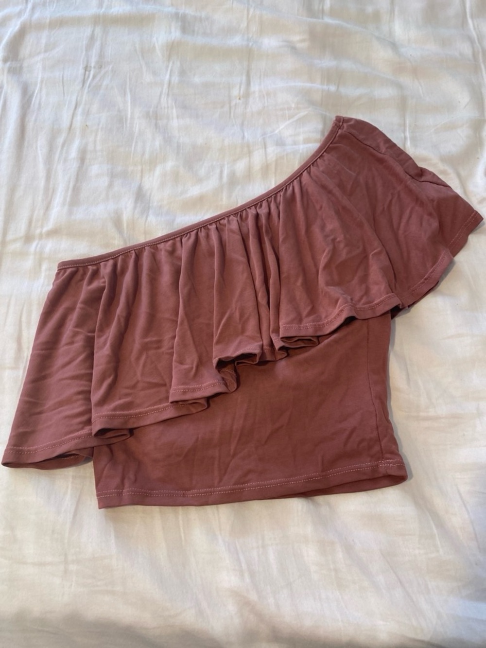 Fashion Nova One-Shoulder Ruffle Crop Top - Mauve